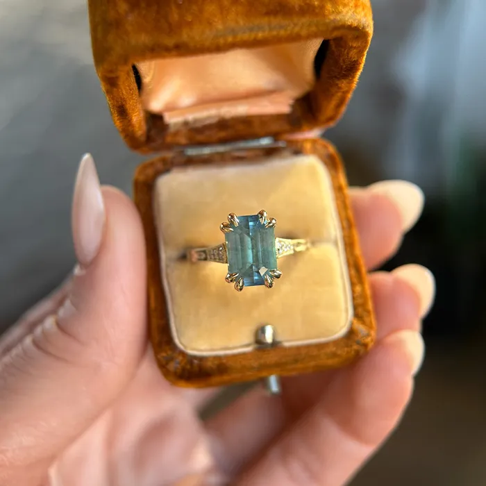 Anueva Jewelry Rings 362ct Untreated Emerald Cut Montana Sapphire and Diamond Vintage Cathedral Double Prong Ring in 18k Yellow Gold
