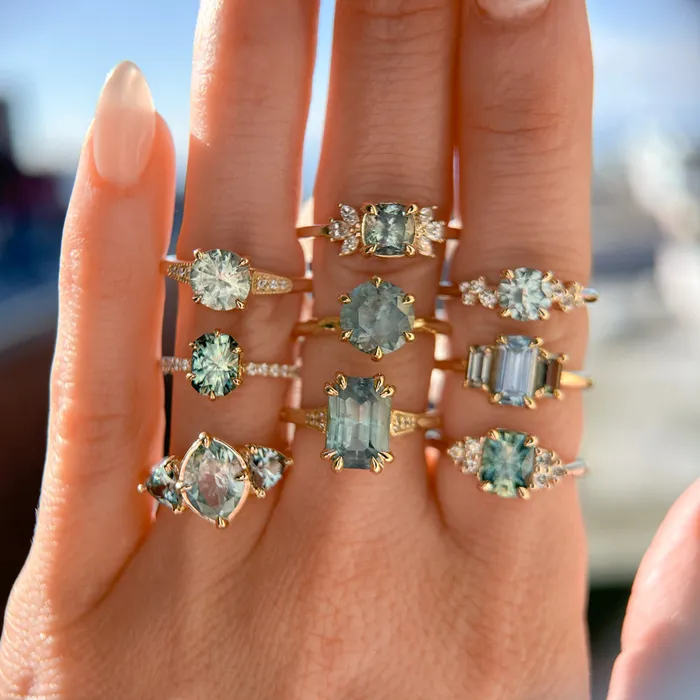 Anueva Jewelry Rings 362ct Untreated Emerald Cut Montana Sapphire and Diamond Vintage Cathedral Double Prong Ring in 18k Yellow Gold