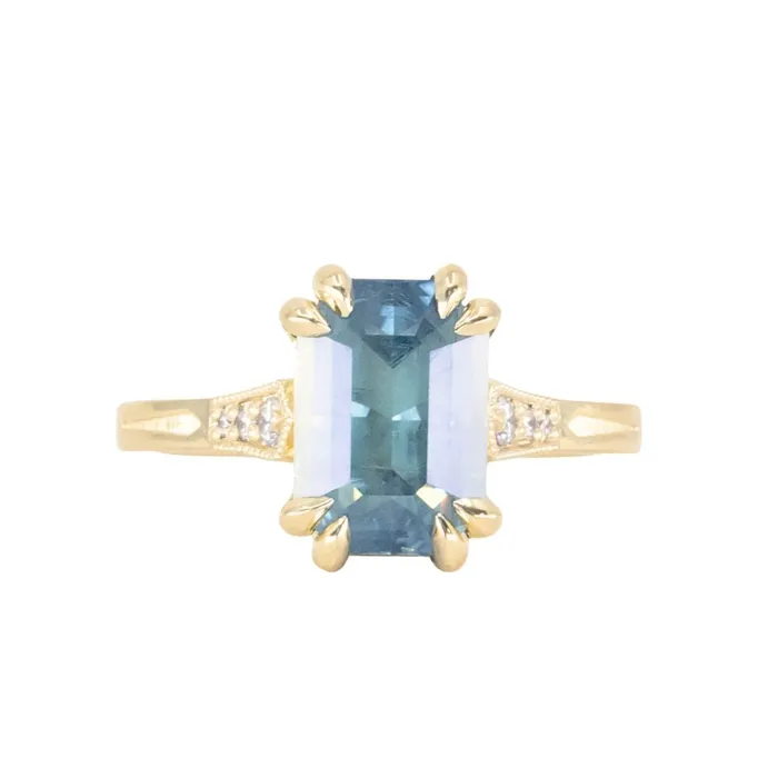 Anueva Jewelry Rings 362ct Untreated Emerald Cut Montana Sapphire and Diamond Vintage Cathedral Double Prong Ring in 18k Yellow Gold