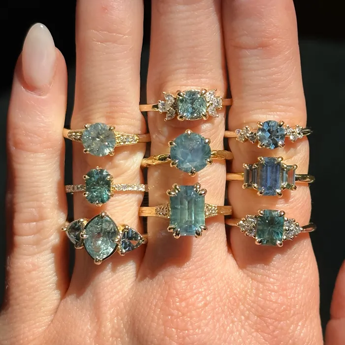 Anueva Jewelry Rings 362ct Untreated Emerald Cut Montana Sapphire and Diamond Vintage Cathedral Double Prong Ring in 18k Yellow Gold