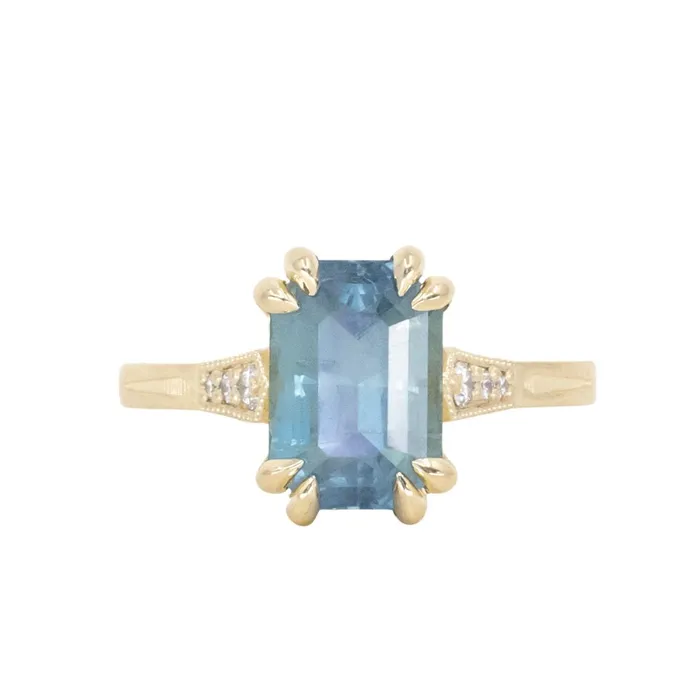 Anueva Jewelry Rings 362ct Untreated Emerald Cut Montana Sapphire and Diamond Vintage Cathedral Double Prong Ring in 18k Yellow Gold