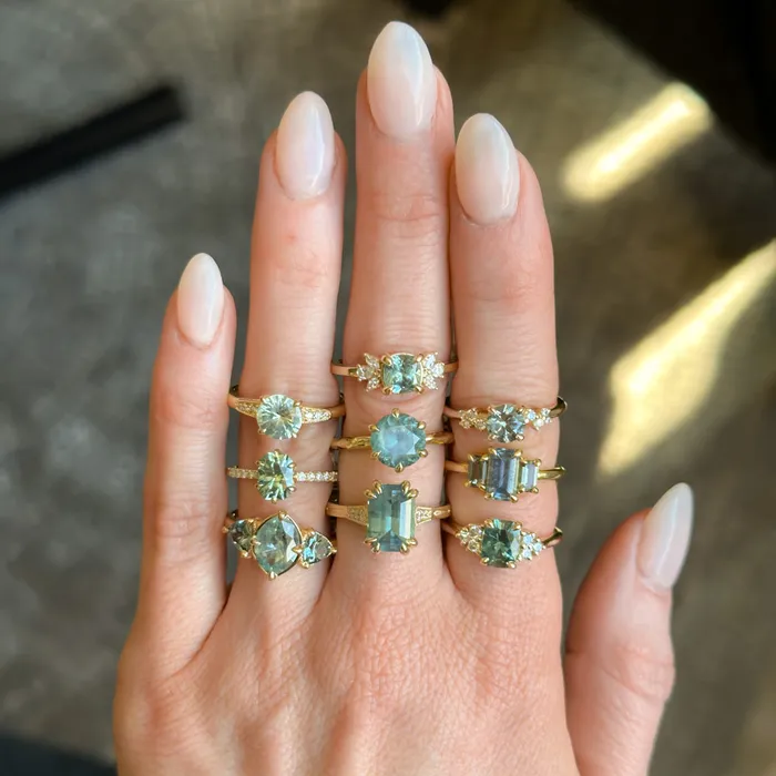 Anueva Jewelry Rings 362ct Untreated Emerald Cut Montana Sapphire and Diamond Vintage Cathedral Double Prong Ring in 18k Yellow Gold