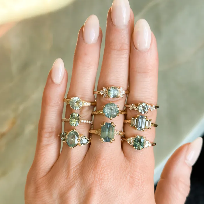 Anueva Jewelry Rings 362ct Untreated Emerald Cut Montana Sapphire and Diamond Vintage Cathedral Double Prong Ring in 18k Yellow Gold