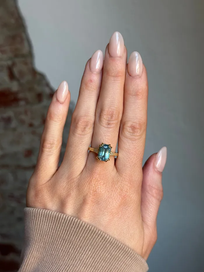 Anueva Jewelry Rings 362ct Untreated Emerald Cut Montana Sapphire and Diamond Vintage Cathedral Double Prong Ring in 18k Yellow Gold