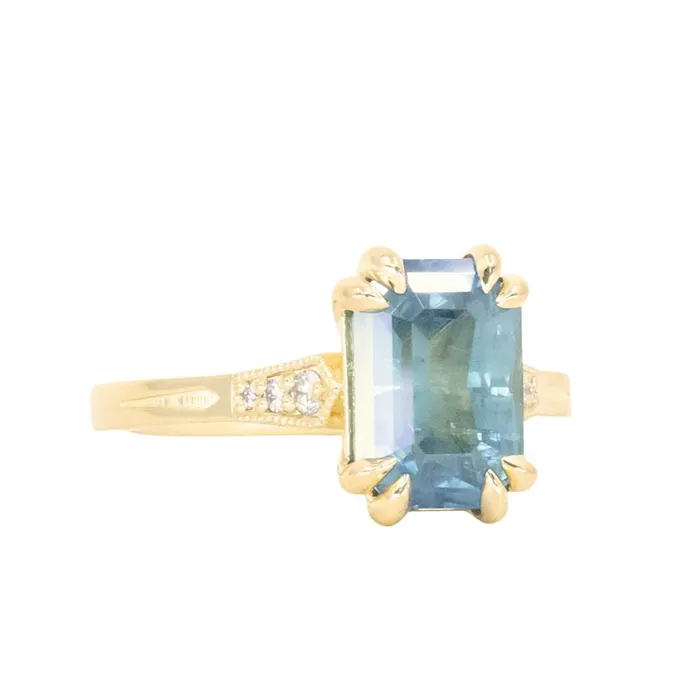 Anueva Jewelry Rings 362ct Untreated Emerald Cut Montana Sapphire and Diamond Vintage Cathedral Double Prong Ring in 18k Yellow Gold