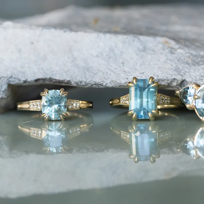 Anueva Jewelry Rings 362ct Untreated Emerald Cut Montana Sapphire and Diamond Vintage Cathedral Double Prong Ring in 18k Yellow Gold