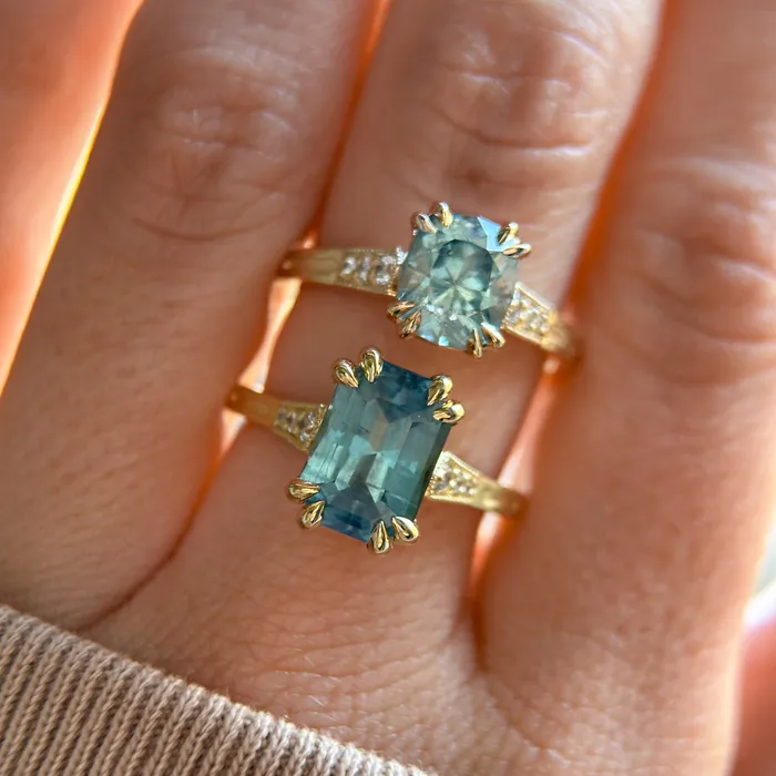Anueva Jewelry Rings 362ct Untreated Emerald Cut Montana Sapphire and Diamond Vintage Cathedral Double Prong Ring in 18k Yellow Gold