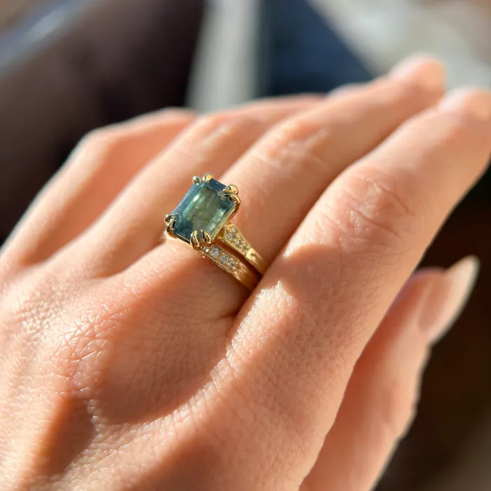 Anueva Jewelry Rings 362ct Untreated Emerald Cut Montana Sapphire and Diamond Vintage Cathedral Double Prong Ring in 18k Yellow Gold