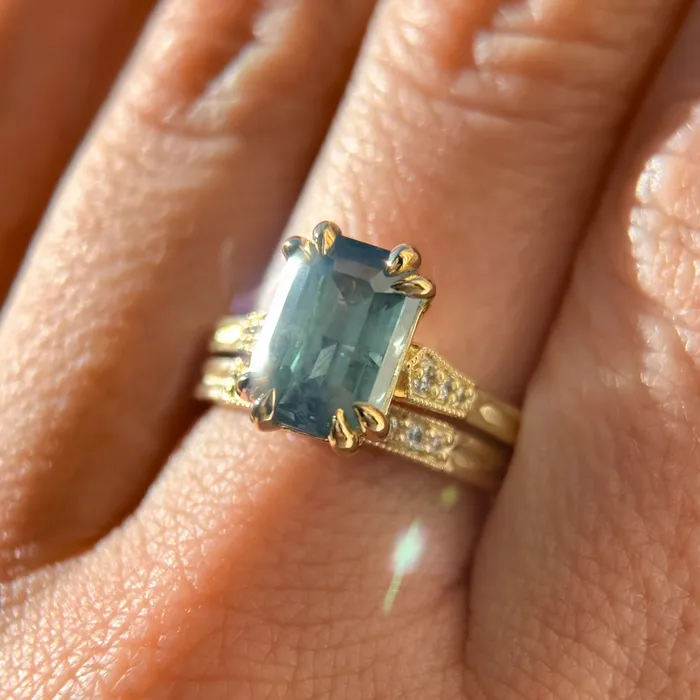 Anueva Jewelry Rings 362ct Untreated Emerald Cut Montana Sapphire and Diamond Vintage Cathedral Double Prong Ring in 18k Yellow Gold
