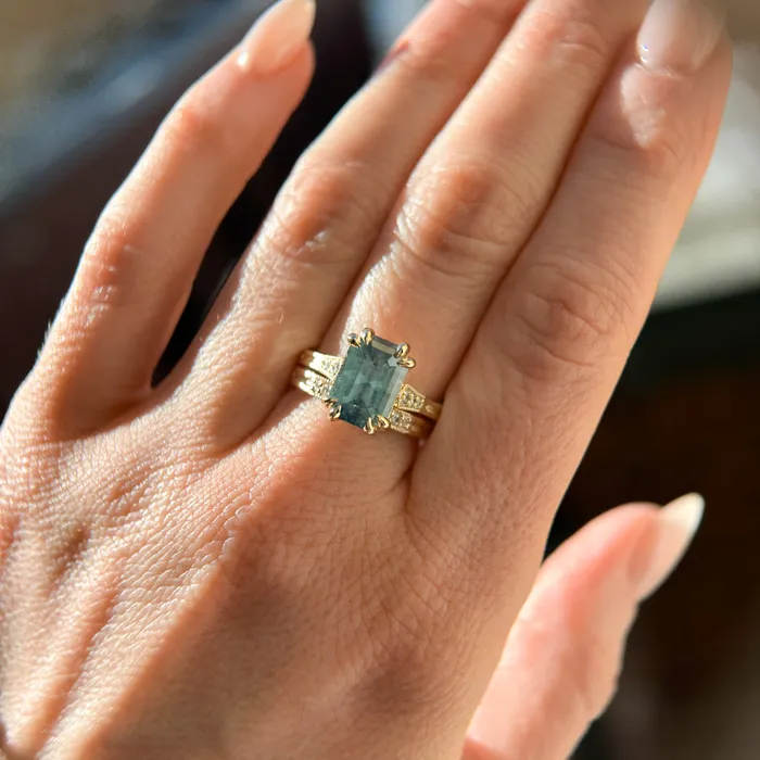 Anueva Jewelry Rings 362ct Untreated Emerald Cut Montana Sapphire and Diamond Vintage Cathedral Double Prong Ring in 18k Yellow Gold