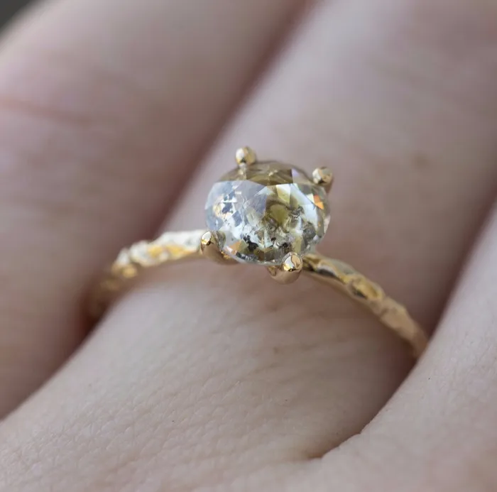 Anueva Jewelry Rings Rosecut Golden Green Galaxy Diamond and Dainty Carved Yellow Gold Solitaire Setting Low Profile Rosecut Ring Skinny Band Hand carved by Anueva Jewelry Anueva Jewelry Rings Rosecut Golden Green Galaxy Diamond and Dainty Carved Yellow Gold Solitaire Setting Low Profile Rosecut Ring Skinny Band Hand carved by Anueva Jewelry