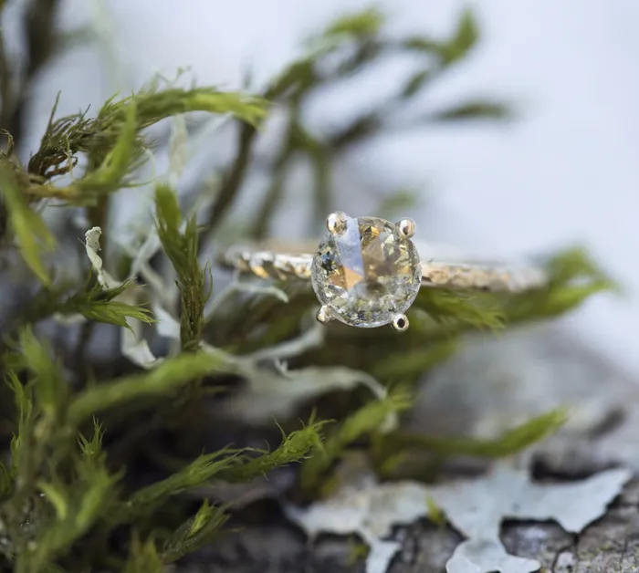 Anueva Jewelry Rings Rosecut Golden Green Galaxy Diamond and Dainty Carved Yellow Gold Solitaire Setting Low Profile Rosecut Ring Skinny Band Hand carved by Anueva Jewelry