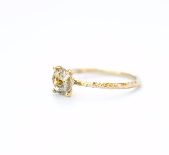 Anueva Jewelry Rings Rosecut Golden Green Galaxy Diamond and Dainty Carved Yellow Gold Solitaire Setting Low Profile Rosecut Ring Skinny Band Hand carved by Anueva Jewelry