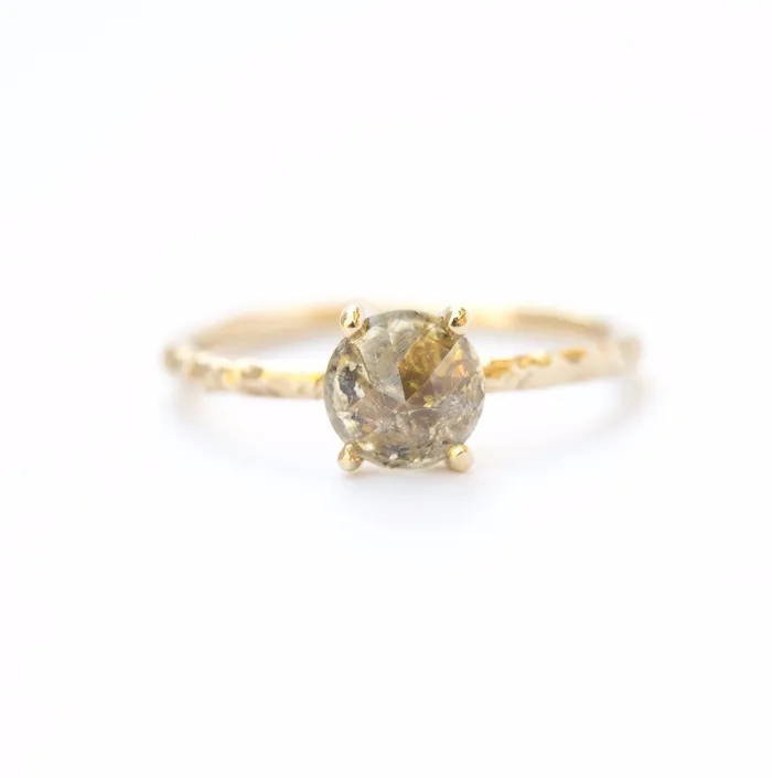 Anueva Jewelry Rings Rosecut Golden Green Galaxy Diamond and Dainty Carved Yellow Gold Solitaire Setting Low Profile Rosecut Ring Skinny Band Hand carved by Anueva Jewelry