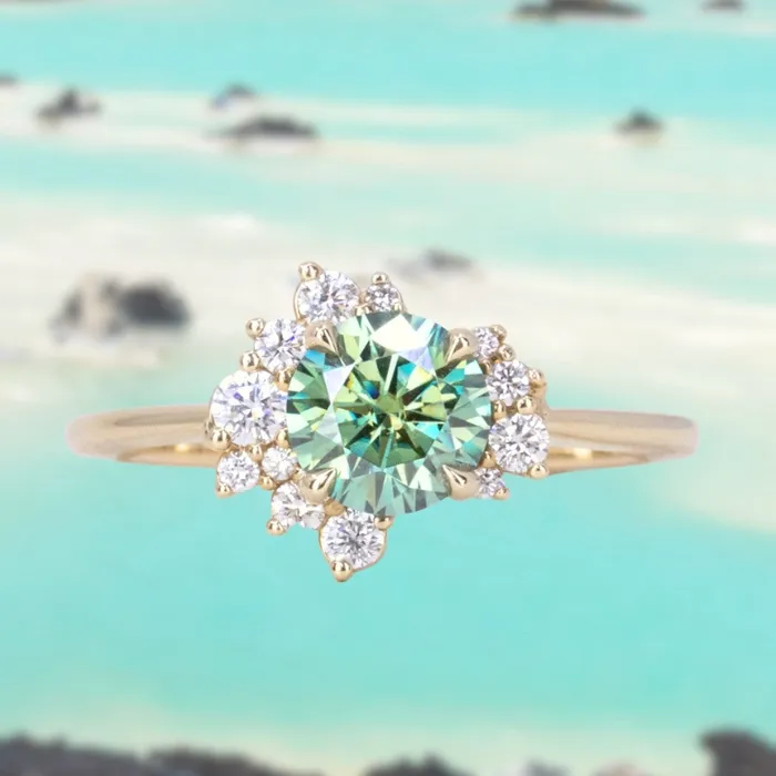 Anueva Jewelry Rings Teal Moissanite and Diamond Asymmetrical Cluster Ring in 14k Yellow Gold Anueva Jewelry Rings Teal Moissanite and Diamond Asymmetrical Cluster Ring in 14k Yellow Gold