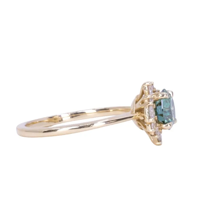 Anueva Jewelry Rings Teal Moissanite and Diamond Asymmetrical Cluster Ring in 14k Yellow Gold