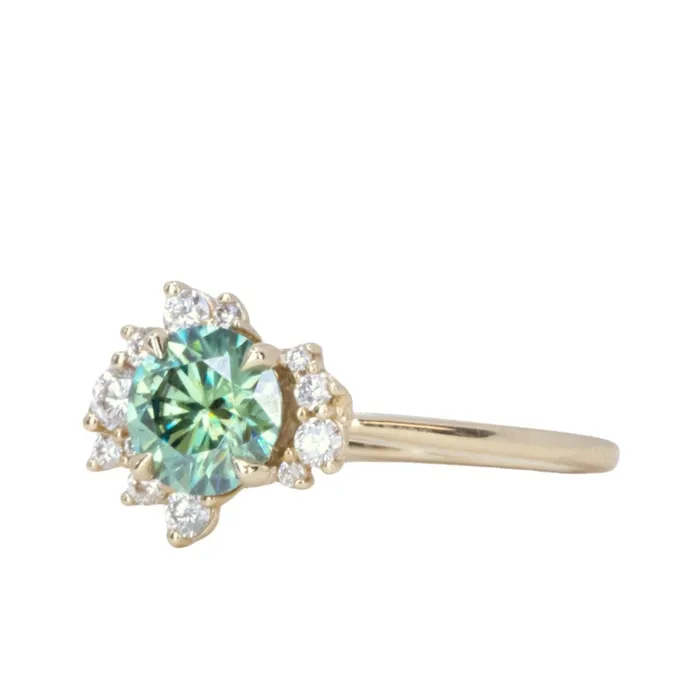 Anueva Jewelry Rings Teal Moissanite and Diamond Asymmetrical Cluster Ring in 14k Yellow Gold
