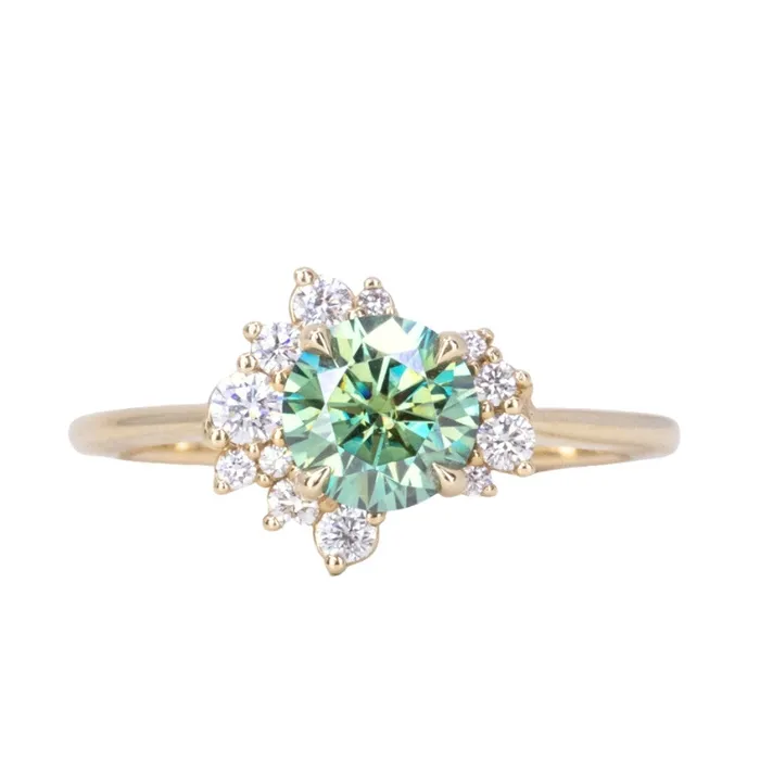 Anueva Jewelry Rings Teal Moissanite and Diamond Asymmetrical Cluster Ring in 14k Yellow Gold