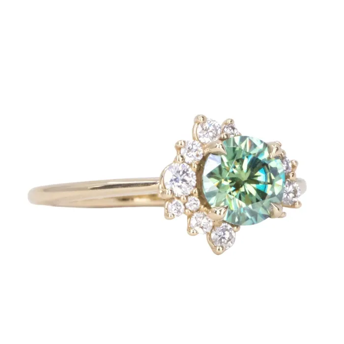 Anueva Jewelry Rings Teal Moissanite and Diamond Asymmetrical Cluster Ring in 14k Yellow Gold