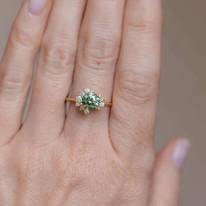 Anueva Jewelry Rings Teal Moissanite and Diamond Asymmetrical Cluster Ring in 14k Yellow Gold