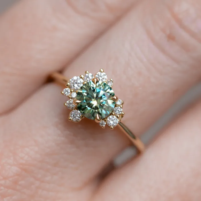 Anueva Jewelry Rings Teal Moissanite and Diamond Asymmetrical Cluster Ring in 14k Yellow Gold