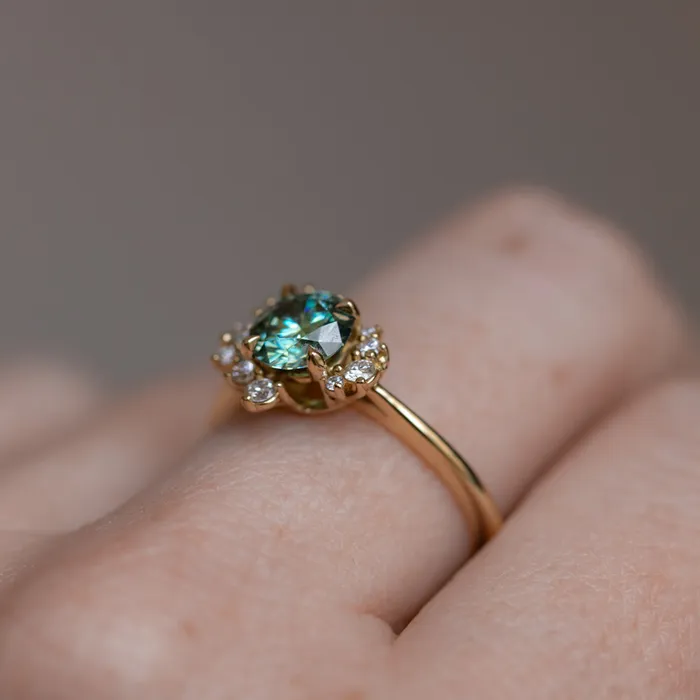 Anueva Jewelry Rings Teal Moissanite and Diamond Asymmetrical Cluster Ring in 14k Yellow Gold