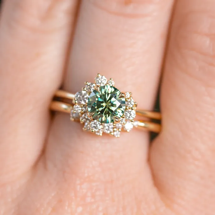 Anueva Jewelry Rings Teal Moissanite and Diamond Asymmetrical Cluster Ring in 14k Yellow Gold
