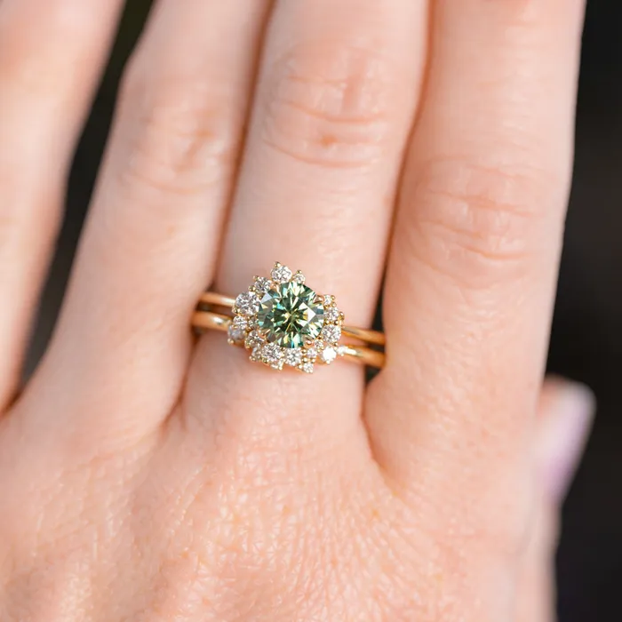 Anueva Jewelry Rings Teal Moissanite and Diamond Asymmetrical Cluster Ring in 14k Yellow Gold