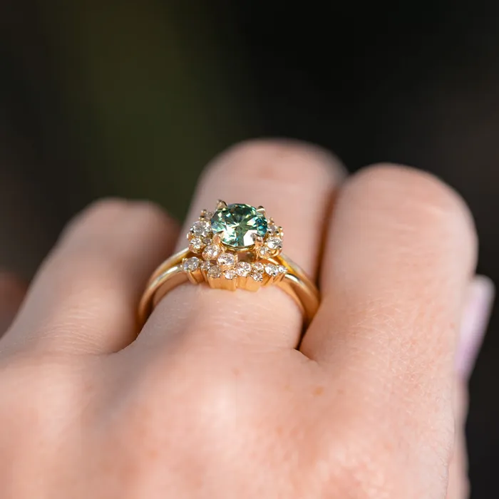 Anueva Jewelry Rings Teal Moissanite and Diamond Asymmetrical Cluster Ring in 14k Yellow Gold