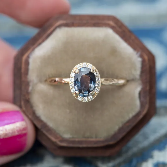 Color Changing Blue Sapphire Engagement Ring in Hand Carved Recycled Yellow Gold Earthy Setting Sapphire Engagement Ring by Anueva Jewelry Anueva Jewelry Rings