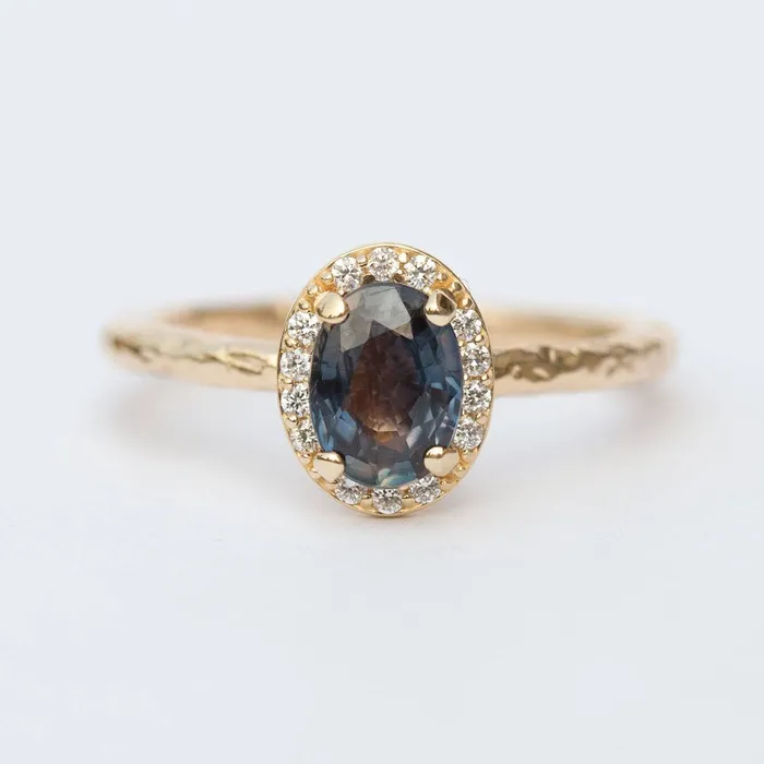 Color Changing Blue Sapphire Engagement Ring in Hand Carved Recycled Yellow Gold Earthy Setting Sapphire Engagement Ring by Anueva Jewelry Anueva Jewelry Rings