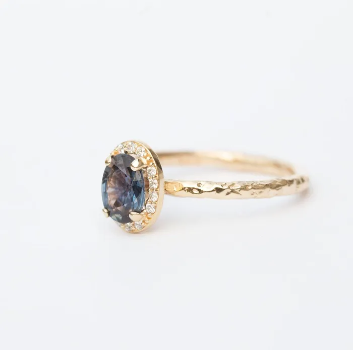 Color Changing Blue Sapphire Engagement Ring in Hand Carved Recycled Yellow Gold Earthy Setting Sapphire Engagement Ring by Anueva Jewelry Anueva Jewelry Rings