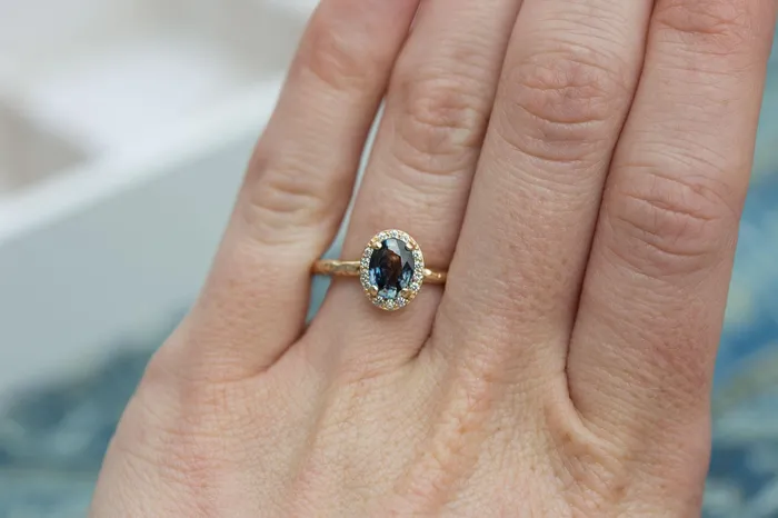 Color Changing Blue Sapphire Engagement Ring in Hand Carved Recycled Yellow Gold Earthy Setting Sapphire Engagement Ring by Anueva Jewelry Anueva Jewelry Rings