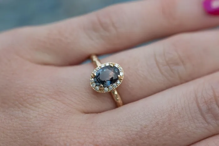Color Changing Blue Sapphire Engagement Ring in Hand Carved Recycled Yellow Gold Earthy Setting Sapphire Engagement Ring by Anueva Jewelry Anueva Jewelry Rings