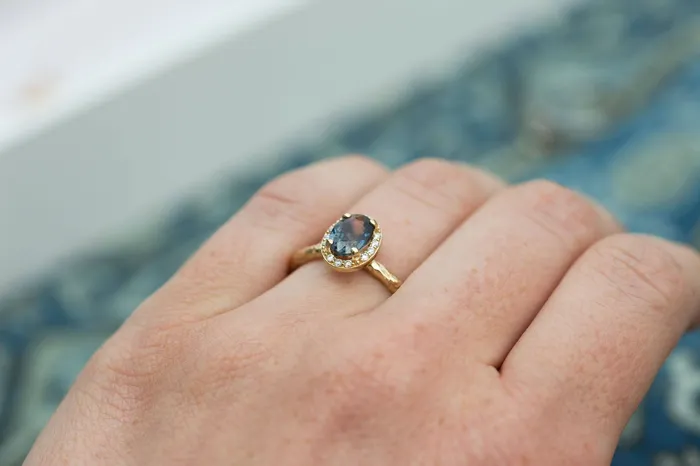 Color Changing Blue Sapphire Engagement Ring in Hand Carved Recycled Yellow Gold Earthy Setting Sapphire Engagement Ring by Anueva Jewelry Anueva Jewelry Rings