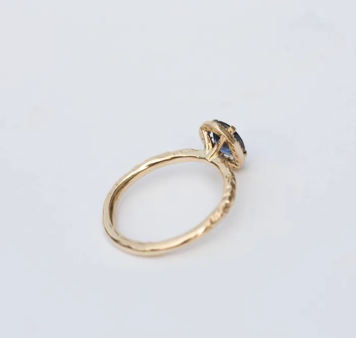 Color Changing Blue Sapphire Engagement Ring in Hand Carved Recycled Yellow Gold Earthy Setting Sapphire Engagement Ring by Anueva Jewelry Anueva Jewelry Rings