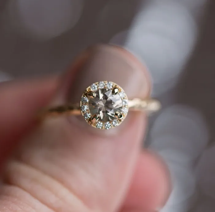 Diamond Champagne Zircon Engagement Ring Hand Carved Recycled Yellow Gold Earthy Setting Ring by Anueva Jewelry Anueva Jewelry Rings Diamond Champagne Zircon Engagement Ring Hand Carved Recycled Yellow Gold Earthy Setting Ring by Anueva Jewelry Anueva Jewelry Rings