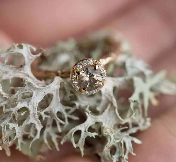 Diamond Champagne Zircon Engagement Ring Hand Carved Recycled Yellow Gold Earthy Setting Ring by Anueva Jewelry Anueva Jewelry Rings