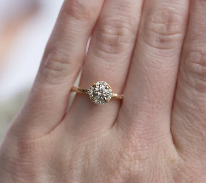 Diamond Champagne Zircon Engagement Ring Hand Carved Recycled Yellow Gold Earthy Setting Ring by Anueva Jewelry Anueva Jewelry Rings