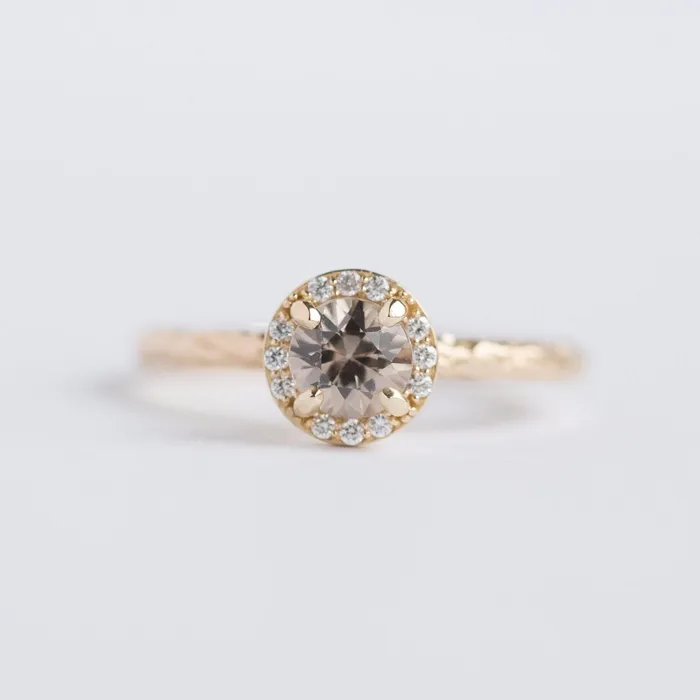 Diamond Champagne Zircon Engagement Ring Hand Carved Recycled Yellow Gold Earthy Setting Ring by Anueva Jewelry Anueva Jewelry Rings