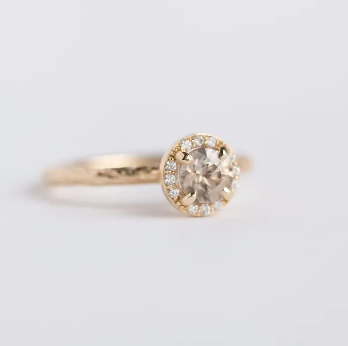 Diamond Champagne Zircon Engagement Ring Hand Carved Recycled Yellow Gold Earthy Setting Ring by Anueva Jewelry Anueva Jewelry Rings
