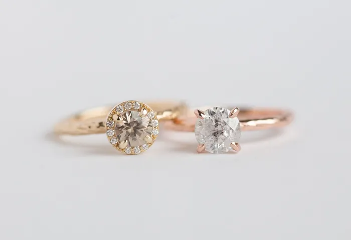 Diamond Champagne Zircon Engagement Ring Hand Carved Recycled Yellow Gold Earthy Setting Ring by Anueva Jewelry Anueva Jewelry Rings