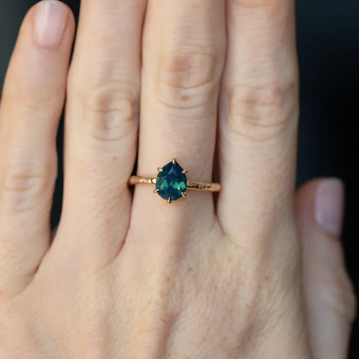 Earrings 171ct Teal Modern Pear Sapphire Low Profile 6 Prong Evergreen Solitaire in 14k Yellow Gold Anueva Jewelry