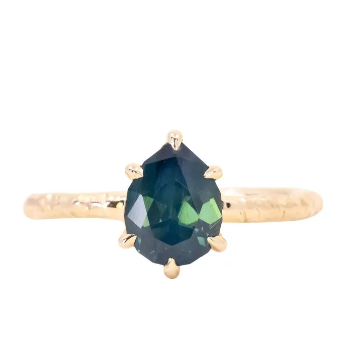 Earrings 171ct Teal Modern Pear Sapphire Low Profile 6 Prong Evergreen Solitaire in 14k Yellow Gold Anueva Jewelry