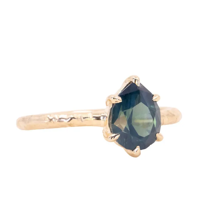 Earrings 171ct Teal Modern Pear Sapphire Low Profile 6 Prong Evergreen Solitaire in 14k Yellow Gold Anueva Jewelry