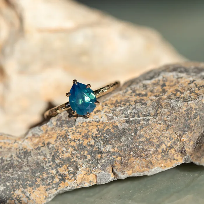 Earrings 171ct Teal Modern Pear Sapphire Low Profile 6 Prong Evergreen Solitaire in 14k Yellow Gold Anueva Jewelry