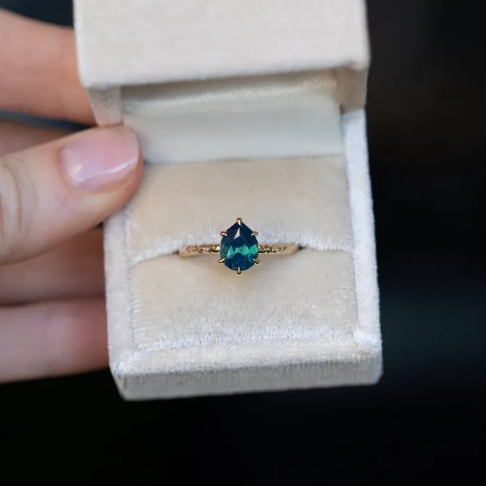 Earrings 171ct Teal Modern Pear Sapphire Low Profile 6 Prong Evergreen Solitaire in 14k Yellow Gold Anueva Jewelry
