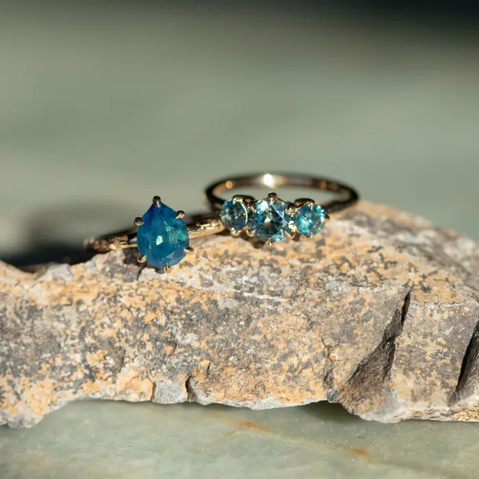 Earrings 171ct Teal Modern Pear Sapphire Low Profile 6 Prong Evergreen Solitaire in 14k Yellow Gold Anueva Jewelry