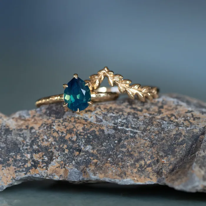 Earrings 171ct Teal Modern Pear Sapphire Low Profile 6 Prong Evergreen Solitaire in 14k Yellow Gold Anueva Jewelry