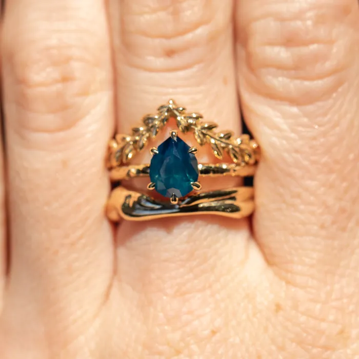 Earrings 171ct Teal Modern Pear Sapphire Low Profile 6 Prong Evergreen Solitaire in 14k Yellow Gold Anueva Jewelry